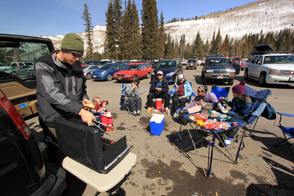 Tailgating in the lower parking lot at Solitude Mountain Resort.