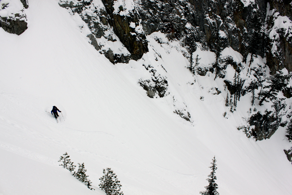 Mason in the thick of it all, halfway down the Gunbarrel Couloir.