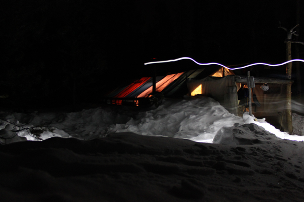 The Bench Hut at night.