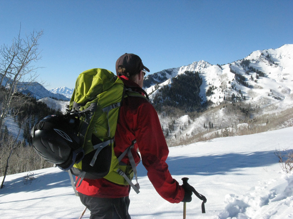 Backcountry skiing with the CamelBak Vantage pack in the Wasatch Mountains.