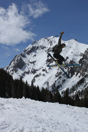 Justin makes it look easy on a jump at the bottom of Alta.