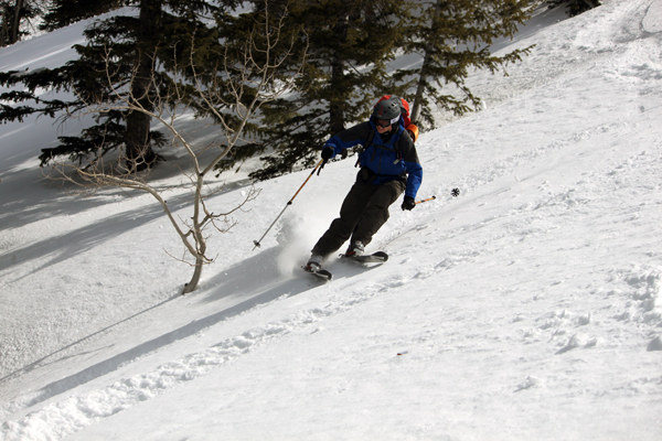 Mason Diedrich practices "survival skiing" on sun crust in Thomas Fork.