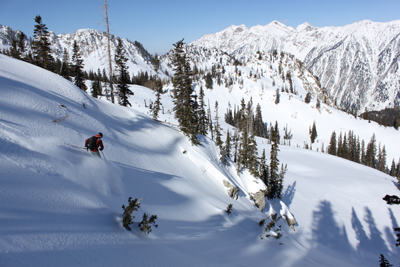 A backcountry skier tours in White Pine, which will be protected under the proposed legislation. Skier: Adam Symonds