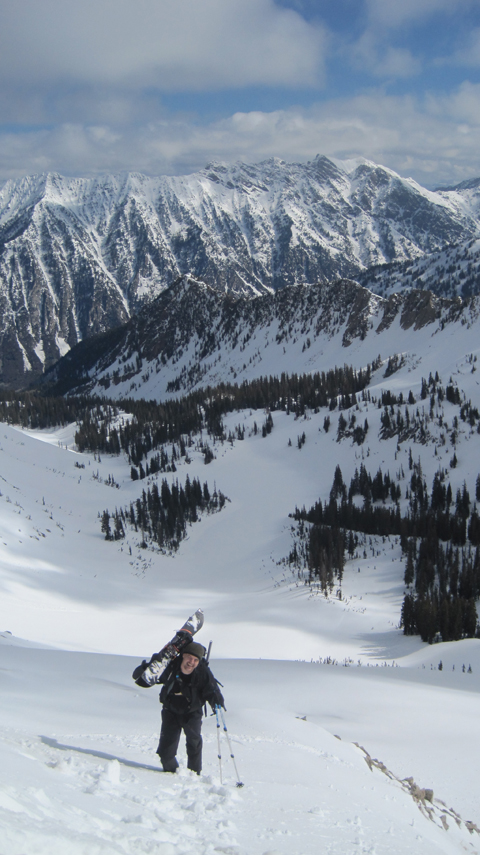 Chad Burt bootpacks up to the Red Pine/Maybird ridge.