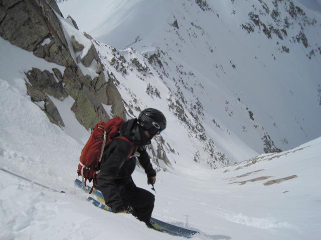Justin Lozier makes turns in the upper section of the Pfeifferhorn's Northwest Couloir.