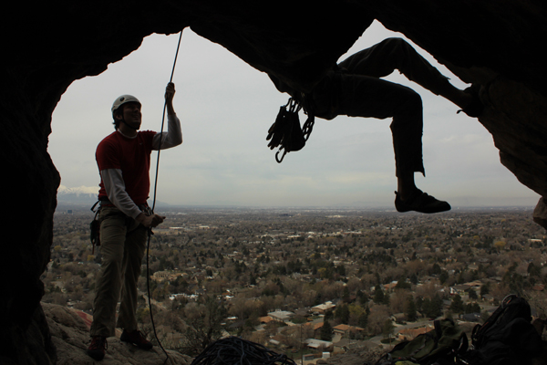 Adam belays as Justin pulls the roof start on Bland Cherokee - Sports Utility Wall. Photo: Jared Hargrave