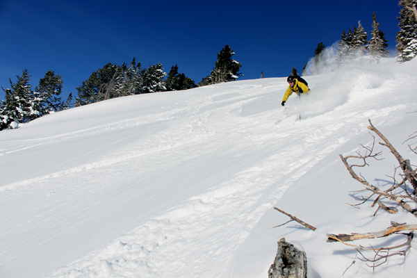 Powder turns on the south face of Flagstaff Peak. Skier: Mike DeBernardo.