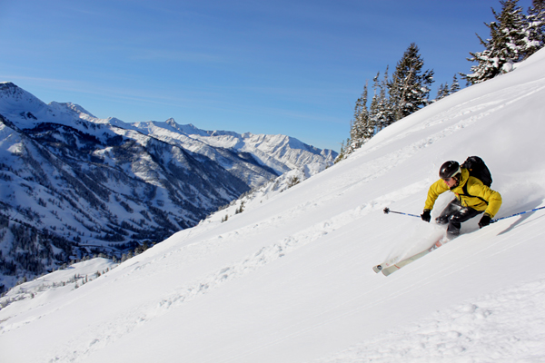 Mike Debernardo skis high above Little Cottonwood Canyon after dropping in from Flagstaff Peak.