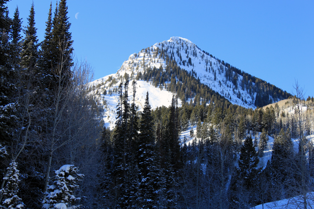 The north face of Kessler Peak. God's Lawnmower is the giant slide path in the shadow side of the mountain.