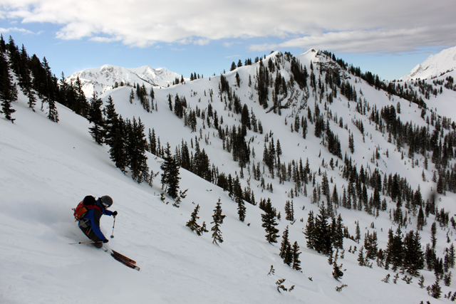 Mason Diedrich skis the west face of upper Silver Fork Canyon.