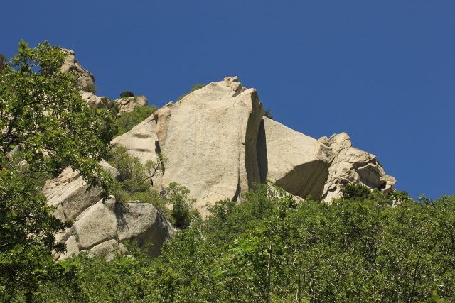 Bong Eater Buttress, as seen from the access trail. The classic Bong Eater climb is located in the shadowed corner.