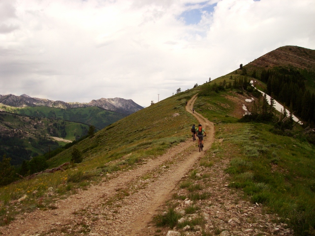 Biking the Wasatch Crest Trail toward the transmission towers after Puke Hill.
