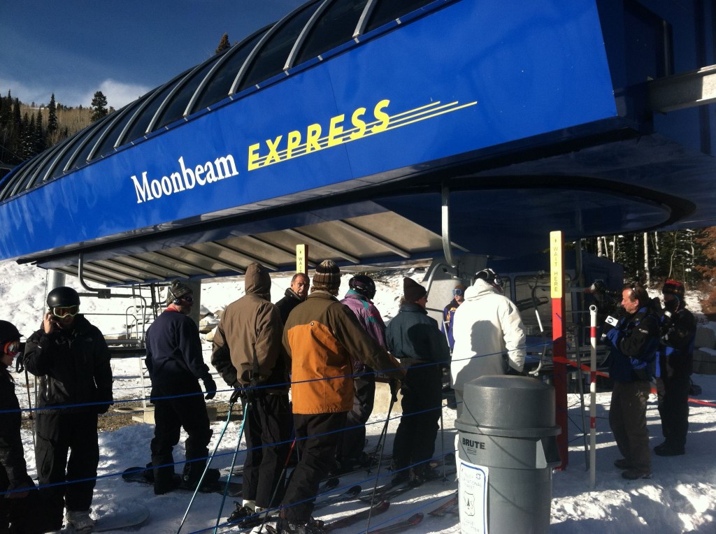 Skiers wait in line at the Moonbeam Express lift on the first day of the 2011/2012 ski season. (Photo: Solitude Mountain Resort)