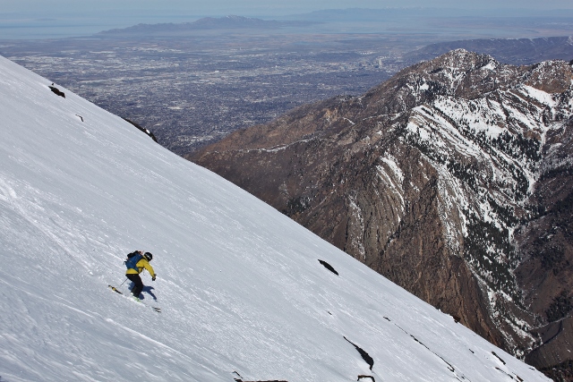 Mike D skis Bonkers during spring corn conditions. (Photo: Jared Hargrave - UtahOutside.com)