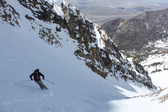 Adam Symonds skis the gut of the Northwest Couloir on Mount Nebo. (Photo: Jared Hargrave - UtahOutside.com)