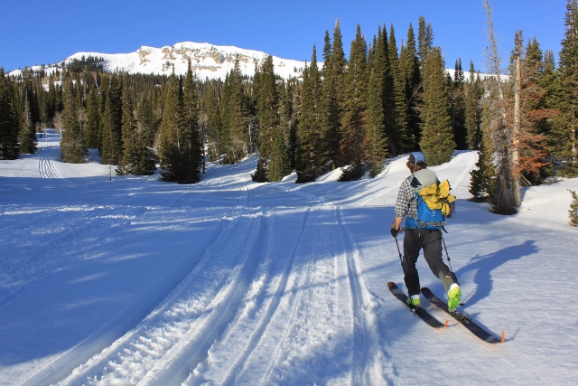 Mike DeBernardo skins along snowmobile tracks on the way to Bountiful Peak. (Photo: Jared Hargrave - UtahOutside.com)