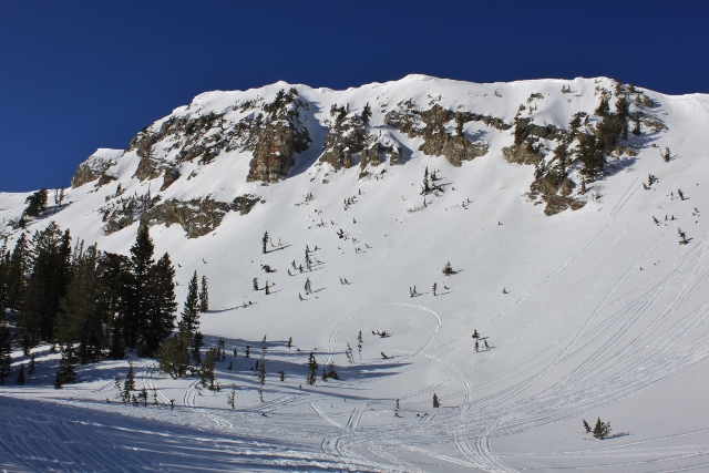 The northeast side of Bountiful Peak, a mini gnar-zone of cliffs and chutes for backcountry spring skiing in Farmington Canyon. (Photo - Jared Hargrave - UtahOutside.com)