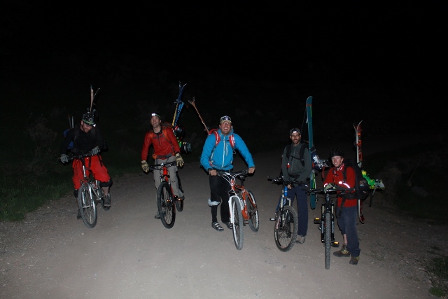 Night Riders - the crew geared up for bike riding up the closed road to ski Deseret Peak. (Photo: Jared Hargrave - UtahOutside.com)