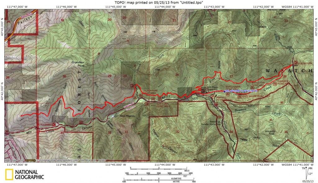 Topo map of the Pipeline Trail in Mill Creek Canyon from Elbow Fork to the overlook and back.
