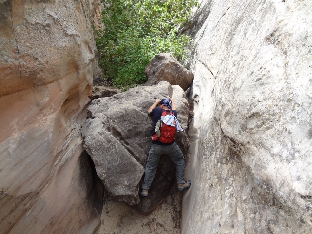 Hiker Skip Whitman climbs over one of many chockstones in Burrow Wash slot canyon. (photo: Ryan Malavolta)