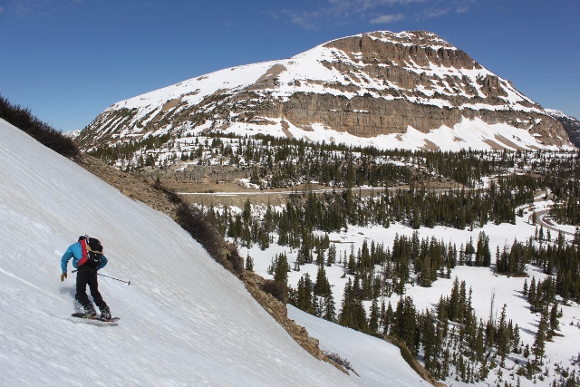 Watch out for trap doors of rotten snow when snowboarding the Uintas in spring. Adam finds something to carve on Murdock Mountain. (Photo: Jared Hargrave - (UtahOutside.com)