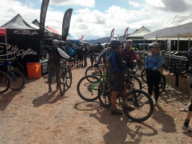 Mountain bikers mingle at Outerbike before heading out on a demo ride on the Bar M trails. (Photo: Tonya Kieffer)
