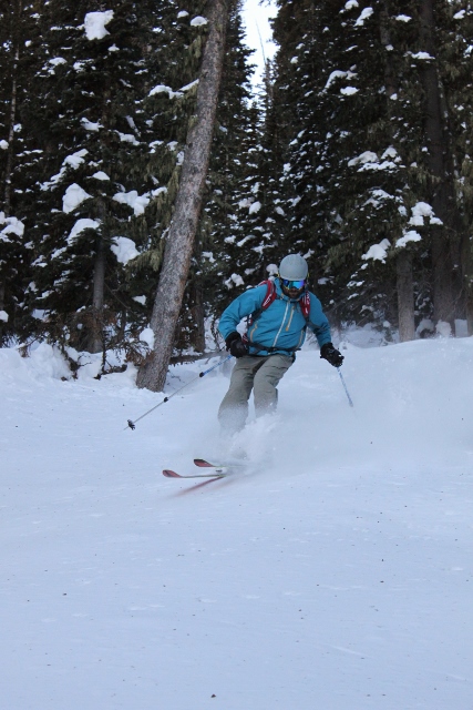 Adam Symonds carves turns in the meadows of the South Mountain Glades as darkness approaches. (Photo: Jared Hargrave - UtahOutside.com)