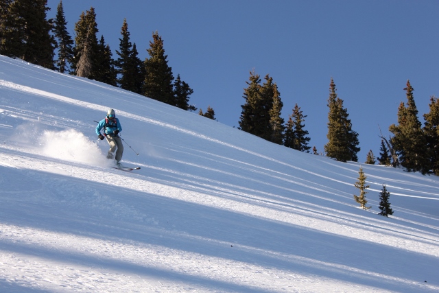 The meadows and glades on South Mountain's southeast face are long, have a perfect pitch, and hold soft snow by the pines: a powder-skier's dream. (Photo: Jared Hargrave - UtahOutside.com)