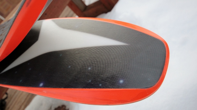 A closeup of the 2015 Atomic Bent Chetler ski tips that look like boat hulls, part of what they call HZRN Tech or "horizontal rocker." (Photo: Jared Hargrave - UtahOutside.com)