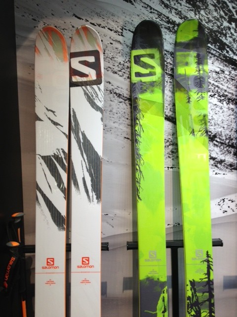 The new Salomon Q BC Lab (on the left) and Salomon Q-Lab (on the right) skis at Outdoor Retailer 2014 Winter Market. (Photo: Jared Hargrave - UtahOutside.com)
