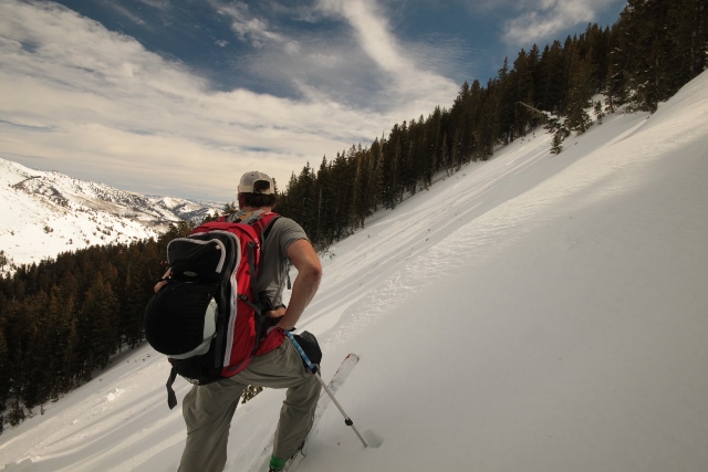 Adam surveys the Shotgun Chutes on Box Elder Peak the day after an avalanche injured a skier. (Photo: Jared Hargrave - UtahOutside.com)