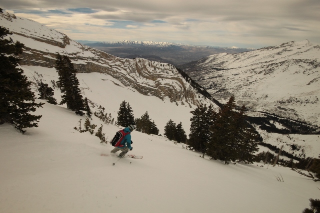 Adam Symonds skis a west-facing shot into the main cauldron of Box Elder Peak. (Photo: Jared Hargrave - UtahOutside.com)