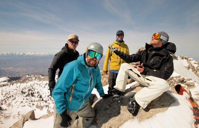 Like a Christian rock-band album cover, the gang poses on the summit of Lone Peak. (Skiers from left to righ: Jon Strickland, Adam Symonds, Mike DeBernardo, John Monstrola. Photo: Jared Hargrave - UtahOutside.com)