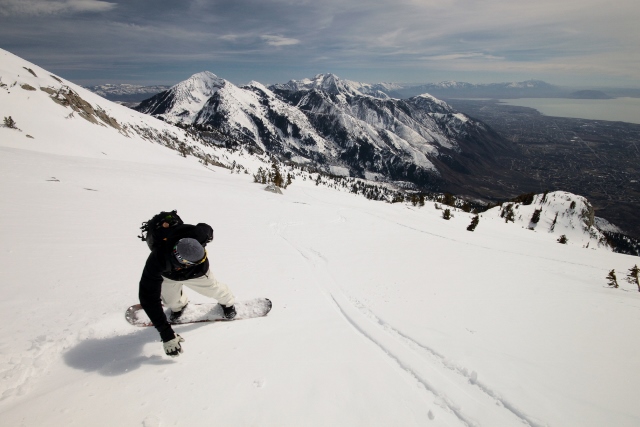 John Monstrola carves a turn on the low-angle ramp of Lone Peak's south face. (Photo: Jared Hargrave - UtahOutside.com)