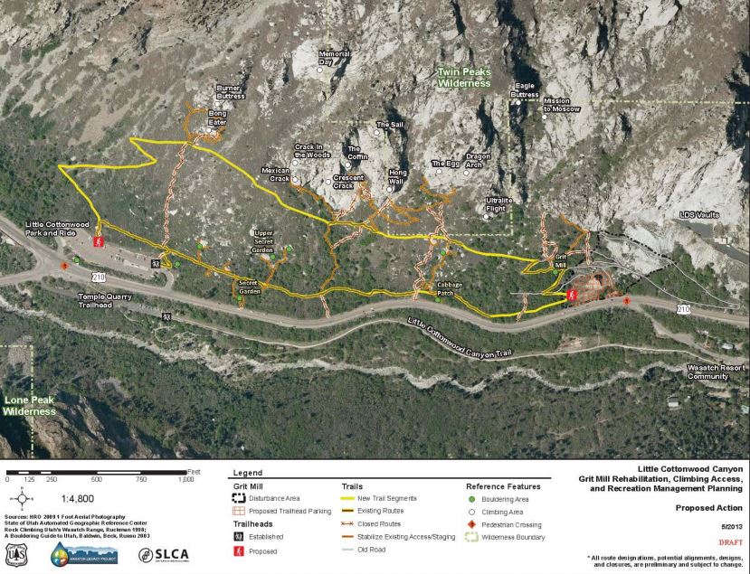 A map of the proposed Forest Service management plan for rock climbing trails and parking in lower Little Cottonwood Canyon.