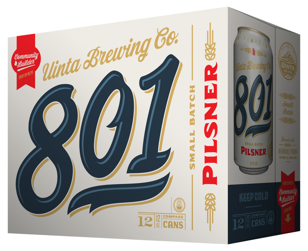 A look at the packaging of Uinta Brewing's 801 Pilsner, which will be used to help local non-profits in Utah like the <a rel=