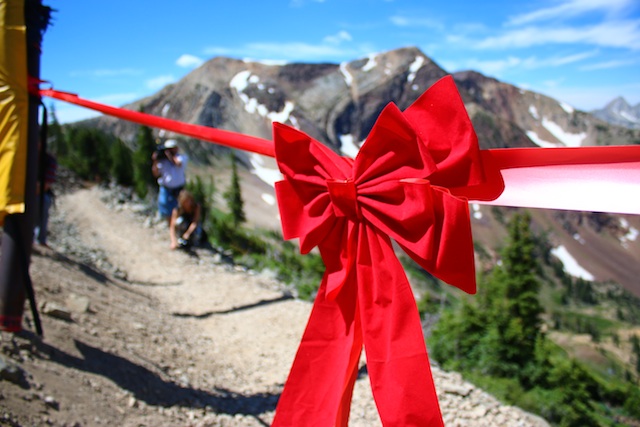 The trailhead at Snowbird's Big Mountain trail, right before it officially opened to the public with a mountain biker ribbon cutting. (Photo: Jared Hargrave - UtahOutside.com)