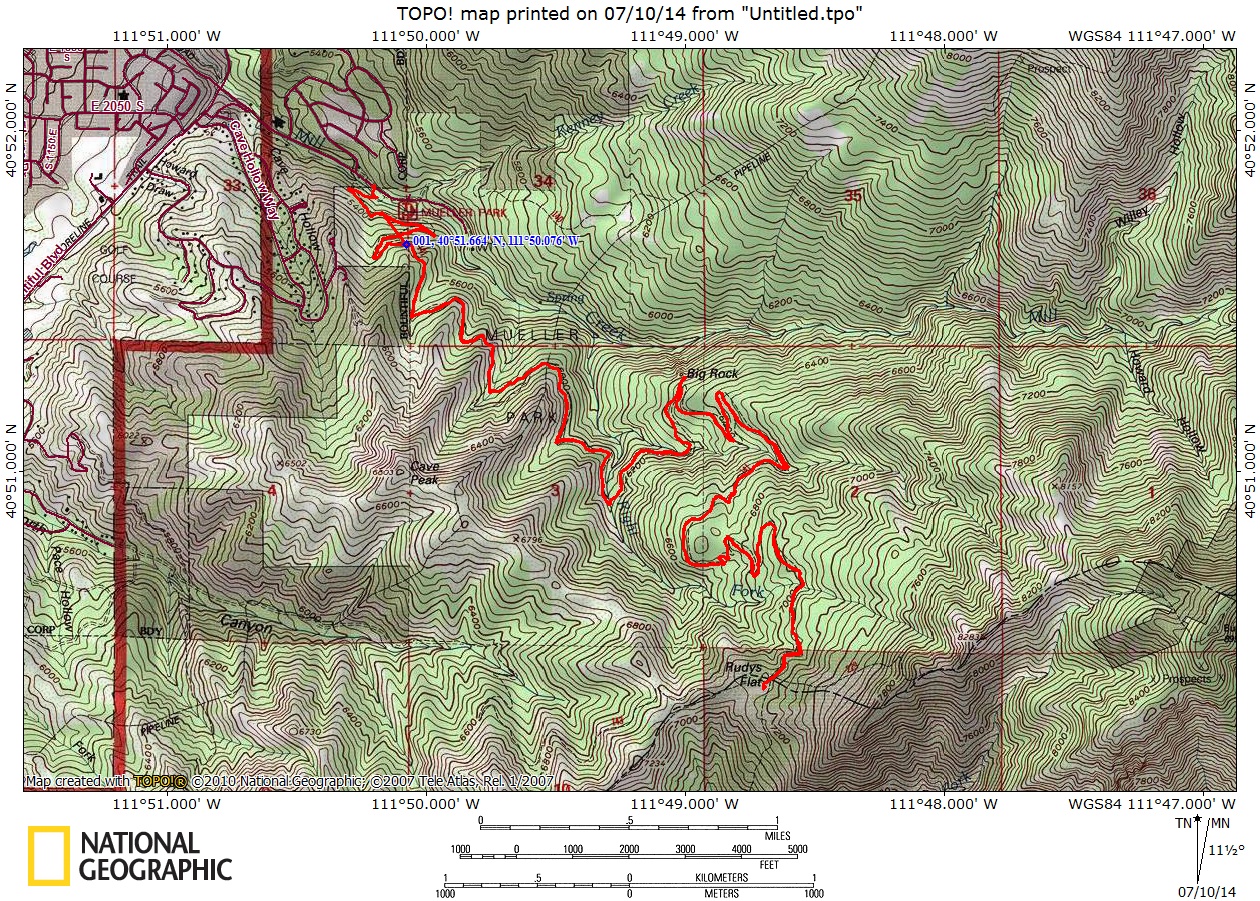 GPS map and track of Mueller Park Trail in Bountiful, Utah.
