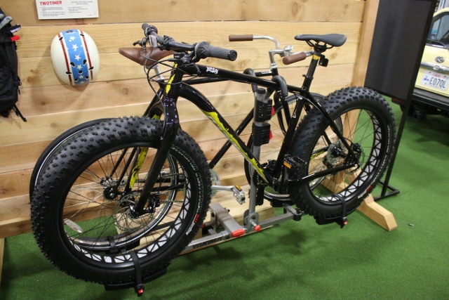 The new Yakima Two Timer and Four Play hitch rack accommodates fat bike tires at Outdoor Retailer 2014 Summer market. (Photo: Jared Hargrave - UtahOutside.com) 