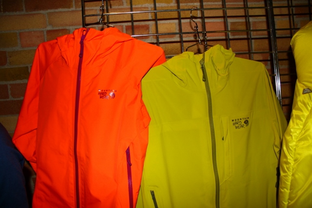 The Mountain Hardwear Quaser Lite (left) and Stretch Ozonic (right) Jackets at Outdoor Retailer 2014 Summer Market. (Photo: Jared Hargrave - UtahOutside.com)