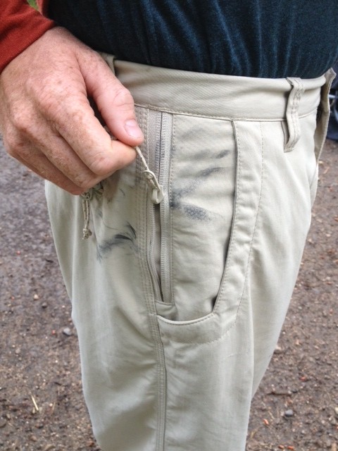 Unfortunately, I found a way to stain the "stain repellent" Granite Peak pants around the zippered pocket. (Photo: Mason Diedrich)
