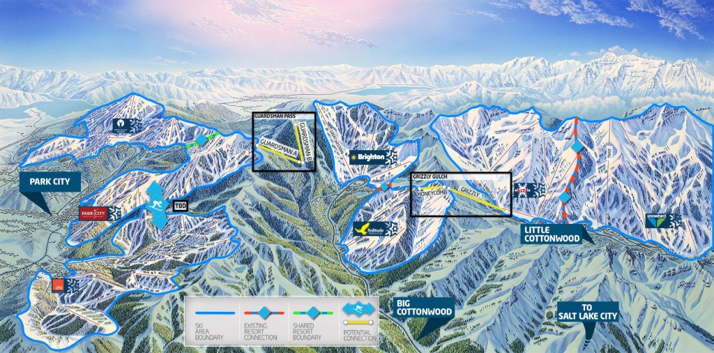 ONE Wasatch map details proposed lift alignments to connect all seven Wasatch ski areas from park City to Little Cottonwood Canyon. (Photo: Ski Utah)