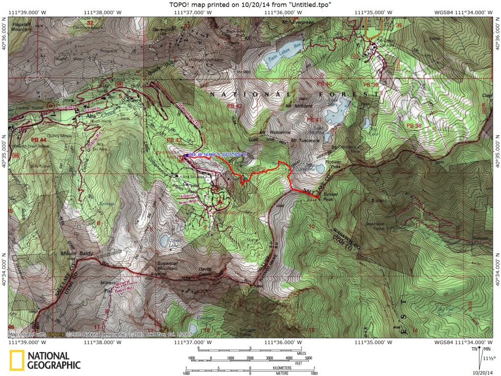 Topo Map of the hike to Sunset peak with GPS track. The hike is 4 miles round trip.