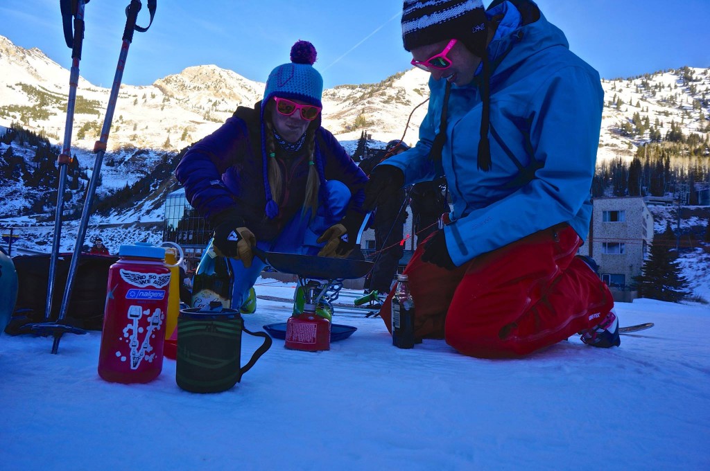 Skiers make pancakes in the lift line on opening day. (Photo: Alta)