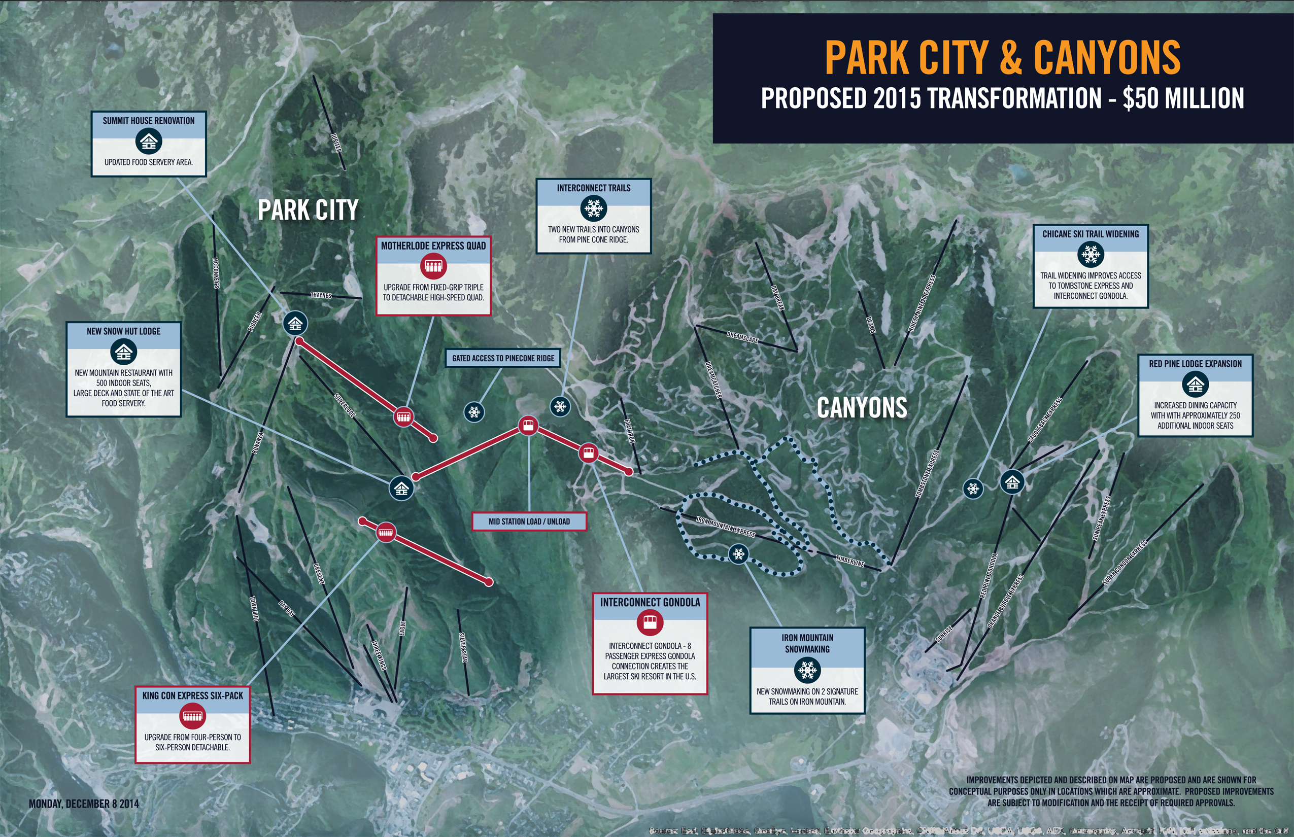 A map of Park City Mountain Resort and Canyons with Vail's proposed resort connection with a new gondola, as well as lodge and ski run improvements. (Image: Vail Resorts)