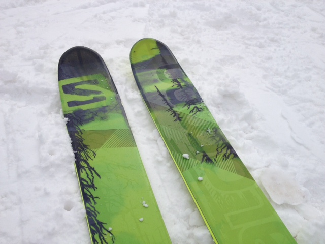 A closer look at the tips and topsheet of the Salomon Q-LAB skis. (Photo: jared Hargrave - Utahoutside.com)