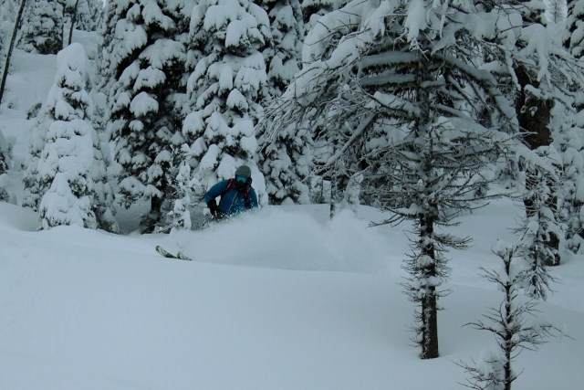 Fresh snow in Five Mile made our first turns in Canada extremely memorable. Skier: Adam Symonds. (Photo: Jared Hargrave - UtahOutside.com)
