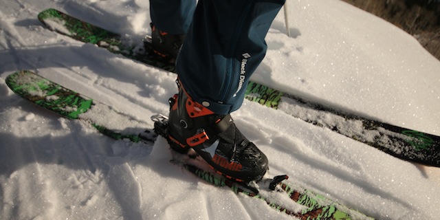 Skinning up with the Backland Carbon. Note how the tongue is removed from the boot for excellent range-of-motion for uphill travel. I tested the boots with Dynafit Radical FT bindings mounted on Voile Chargers. (Photo: Mason Diedrich)