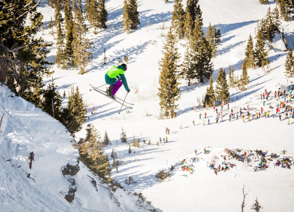 A large crowd gathered in the sun below the competition run at the Snowbird stop of the Subaru Freeride Series.