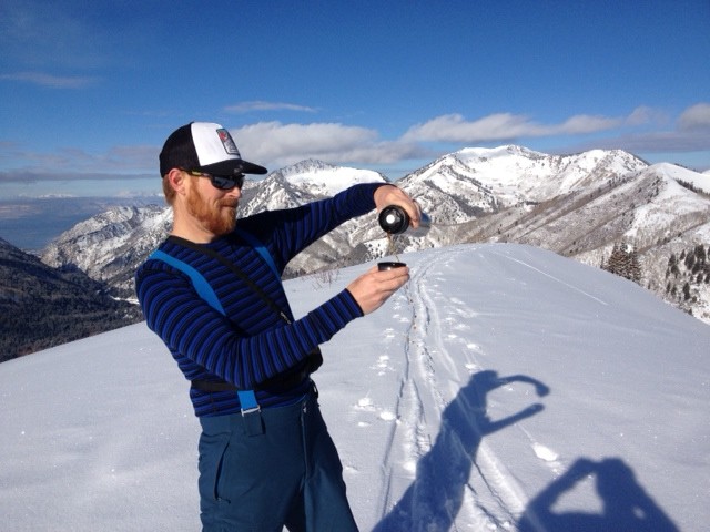 Pouring a hot cup of coffee atop Short Swing in Mill D North Fork with the Woolx X-Plorer base layers. (Photo: Mason Diedrich)